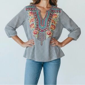 Savanna Jane Floral Embroidered Striped Blouse - Black and Multicolor